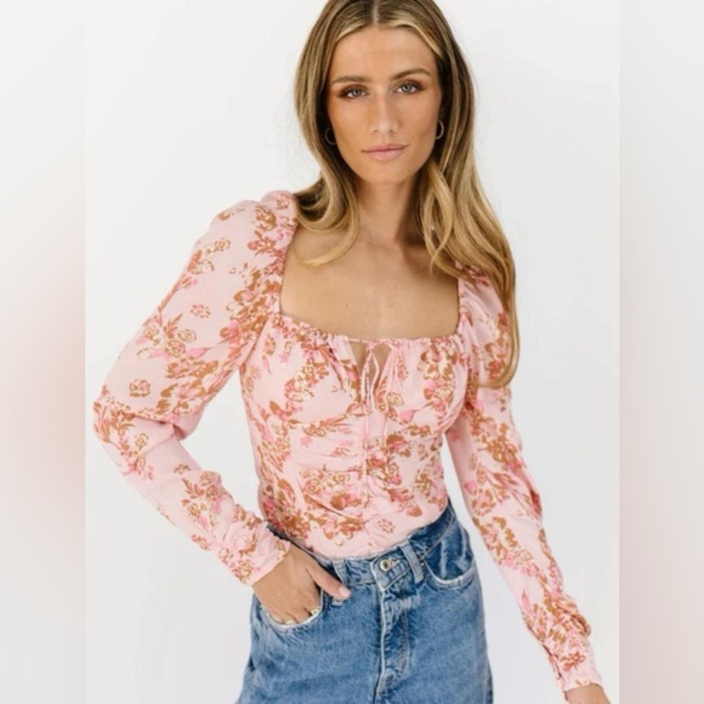 FREE PEOPLE Hilary Printed Top Pink Floral Blouse Size XS